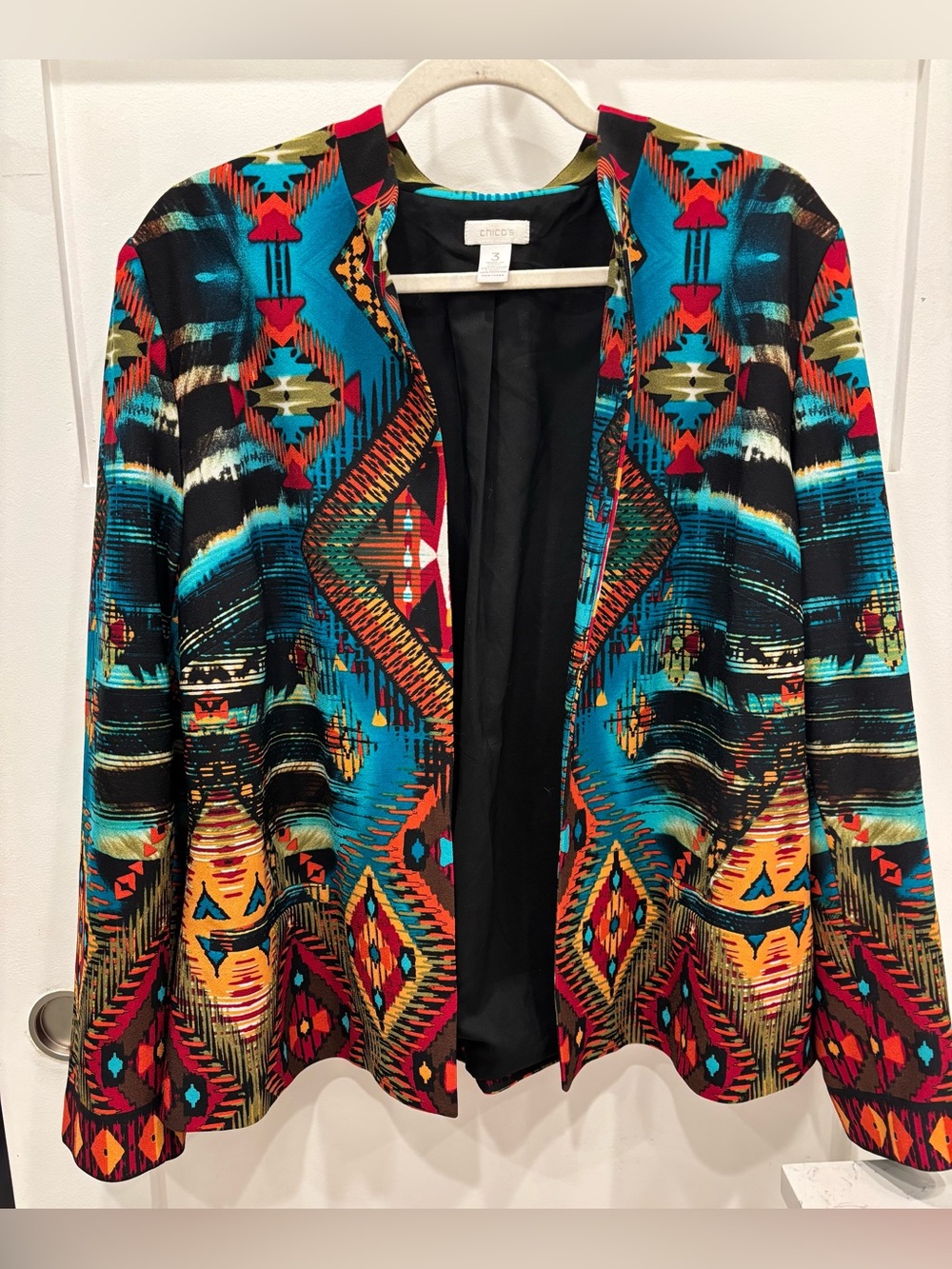 Chico's Vibrant Aztec-Print Open Jacket in Teal, Red & Black
